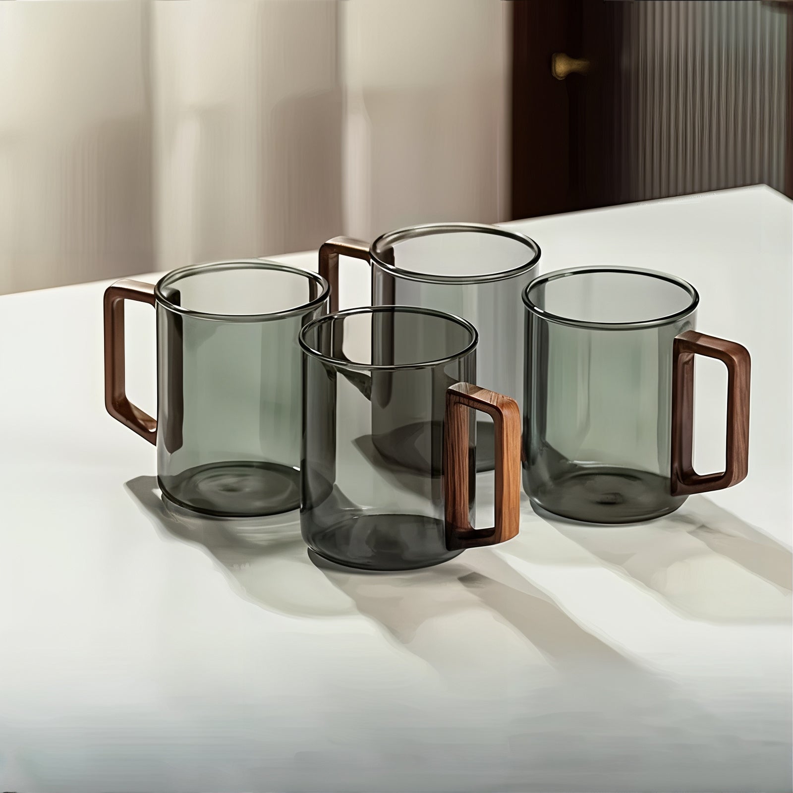 Smokey Gray Glass Coffee Cup With Wooden Handle