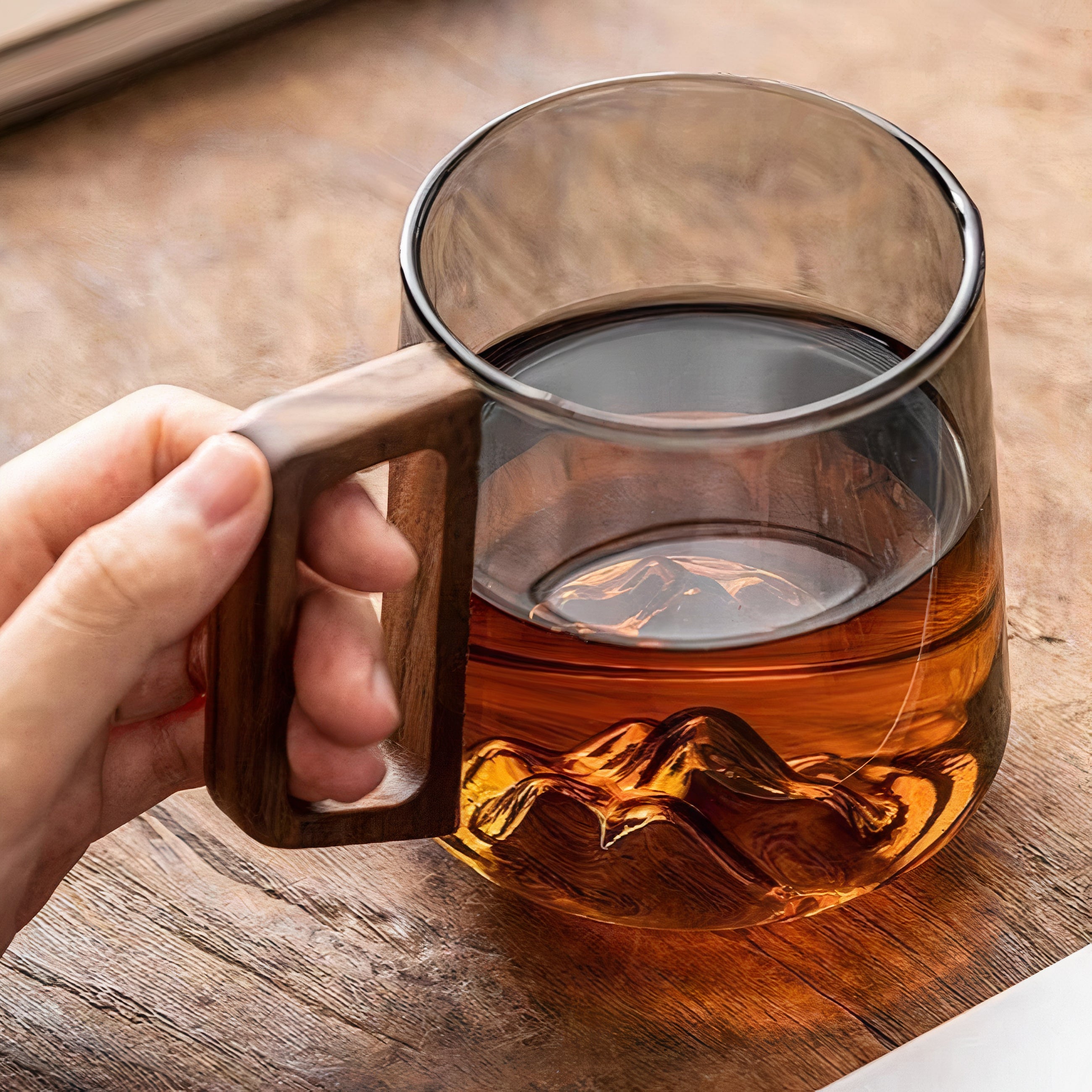 Smokey Gray Glass Slanted Coffee Cups With Wooden Handle