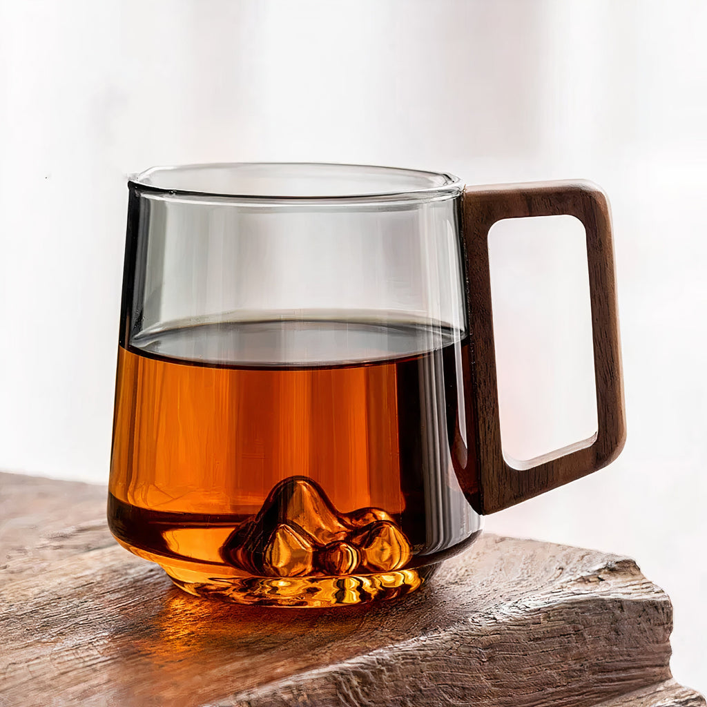 Set Of 4 - Smokey Gray Glass Slanted Coffee Cups With Wooden Handle