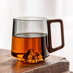Set Of 4 - Smokey Gray Glass Slanted Coffee Cups With Wooden Handle