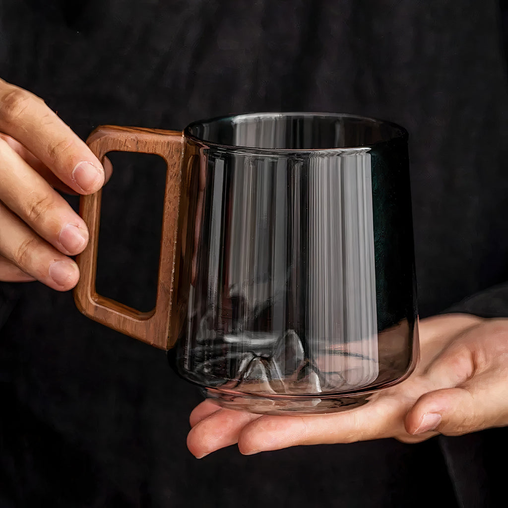 Set Of 4 - Smokey Gray Glass Slanted Coffee Cups With Wooden Handle