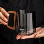 Set Of 4 - Smokey Gray Glass Slanted Coffee Cups With Wooden Handle