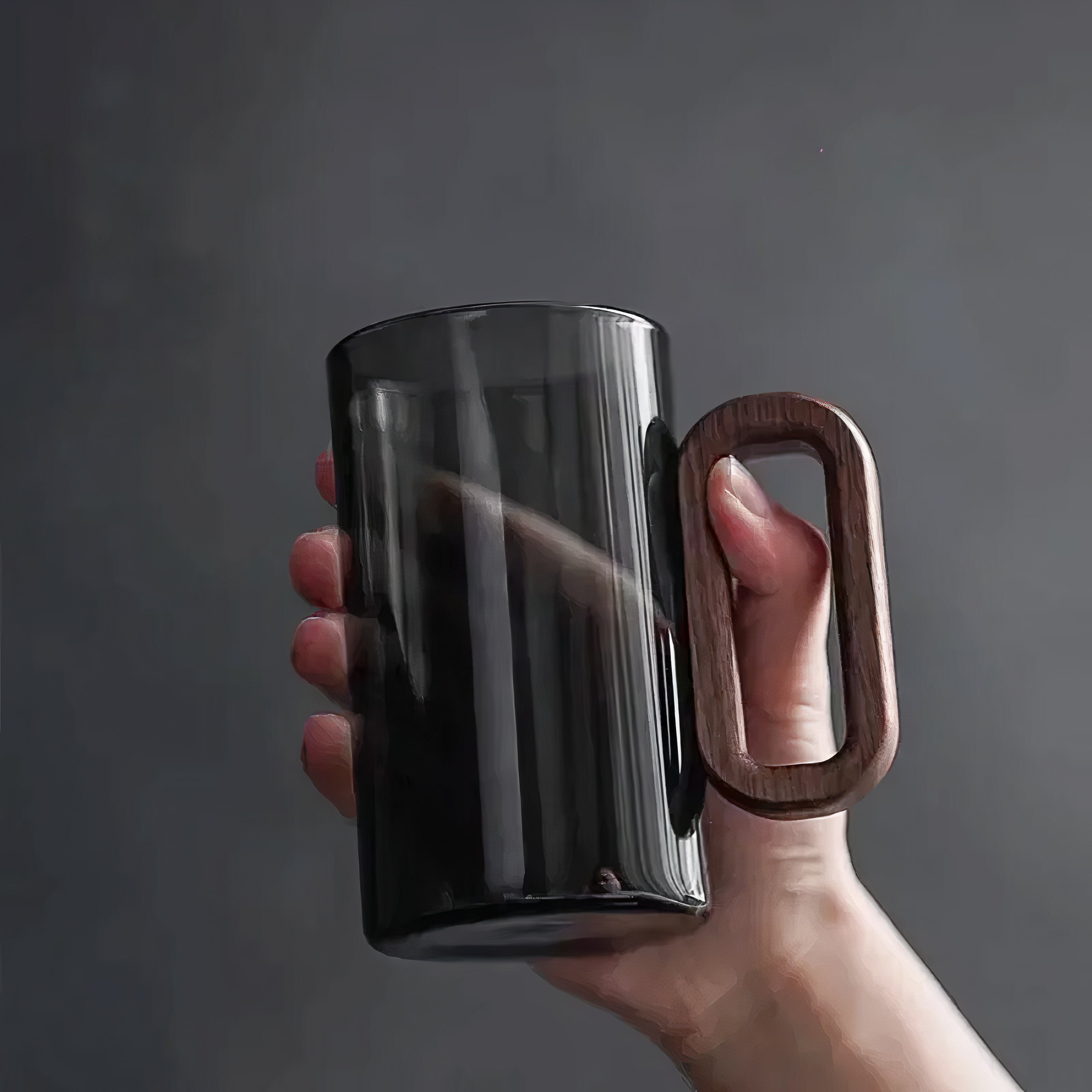Smokey Gray Glass Slim Coffee Cups With Wooden Handle