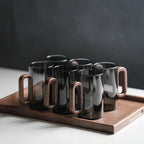 Smokey Gray Glass Slim Coffee Cups With Wooden Handle