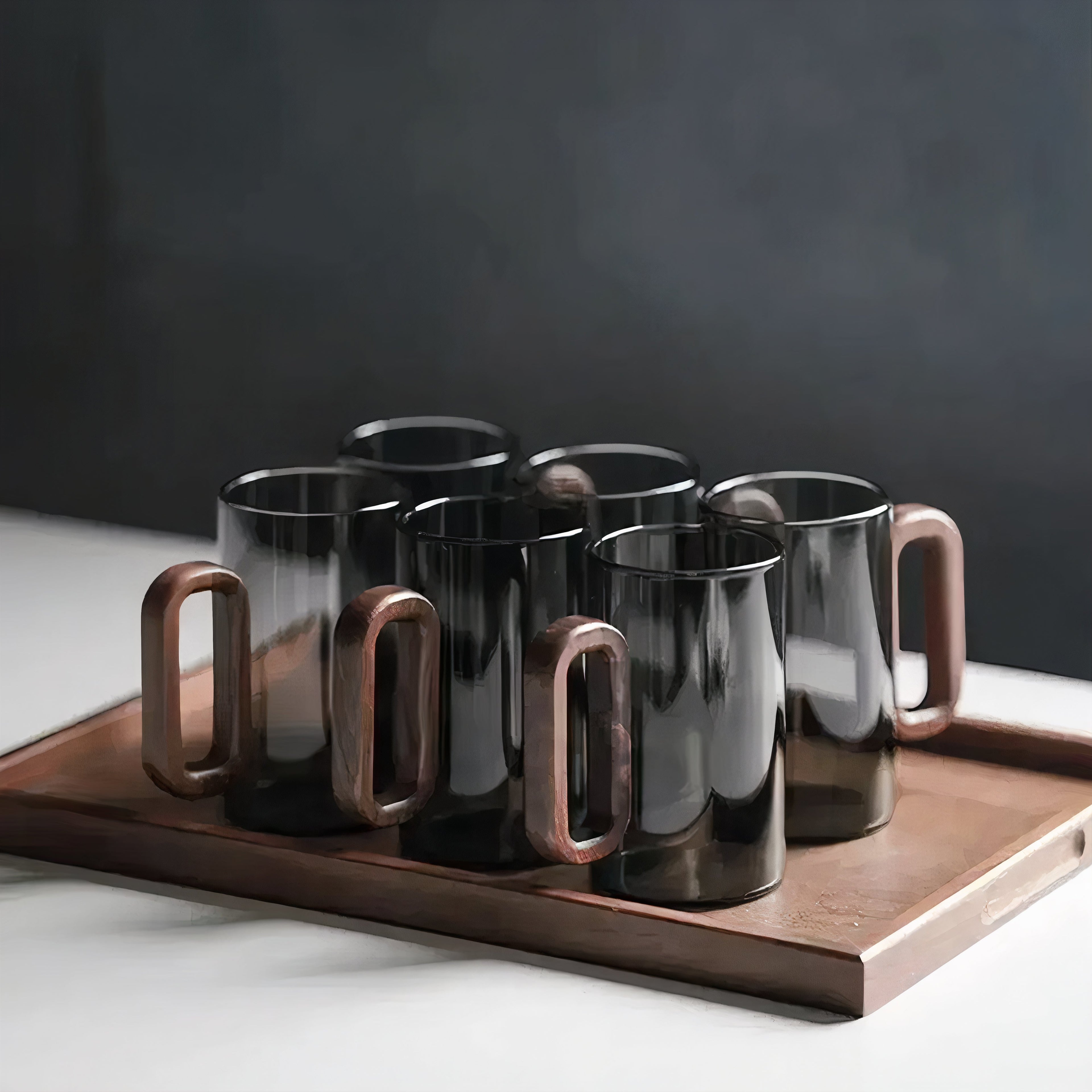 Smokey Gray Glass Slim Coffee Cups With Wooden Handle