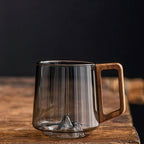 Set Of 4 - Smokey Gray Glass Slanted Coffee Cups With Wooden Handle