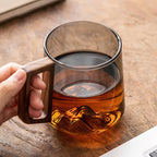 Set Of 4 - Smokey Gray Glass Slanted Coffee Cups With Wooden Handle