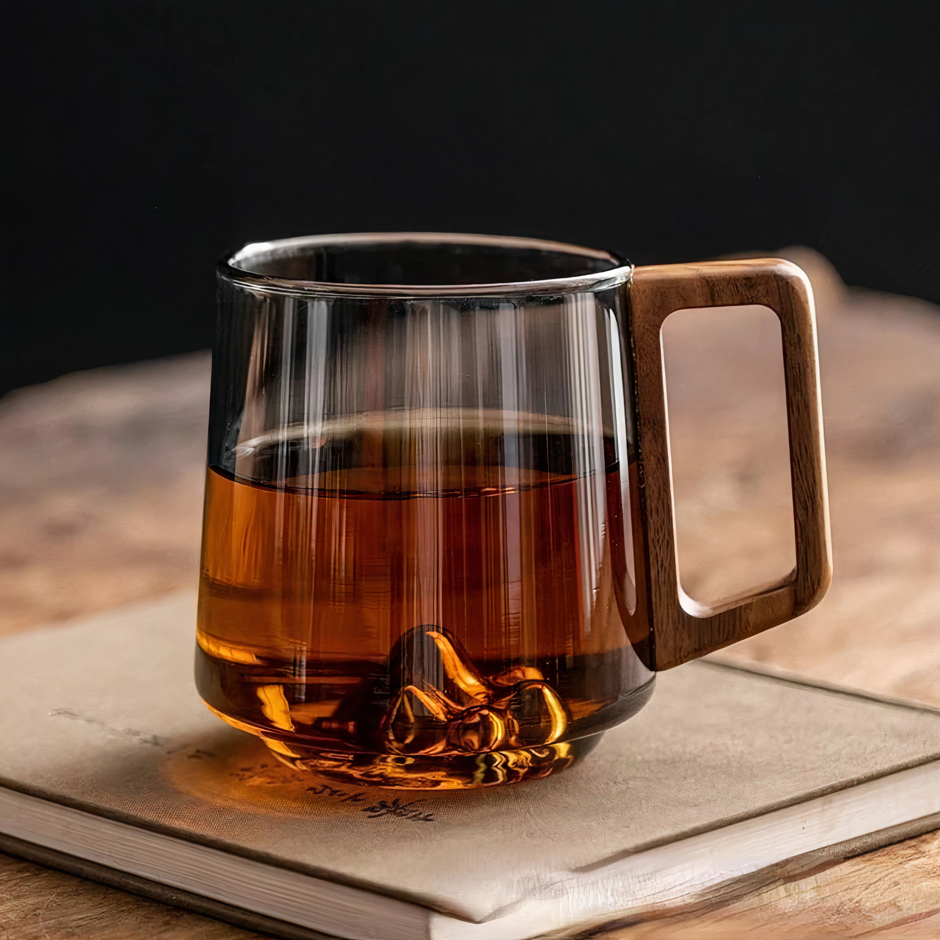 Smokey Gray Glass Slanted Coffee Cups With Wooden Handle