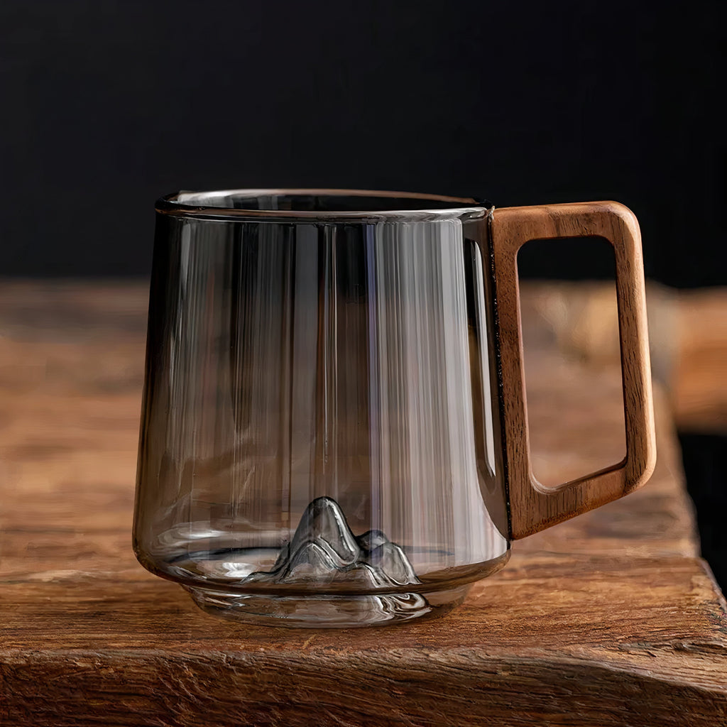Set Of 4 - Smokey Gray Glass Slanted Coffee Cups With Wooden Handle