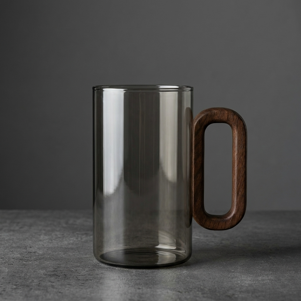 Smokey Gray Glass Slim Coffee Cups With Wooden Handle
