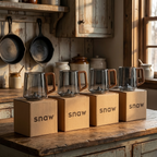 Set Of 4 - Smokey Gray Glass Slanted Coffee Cups With Wooden Handle