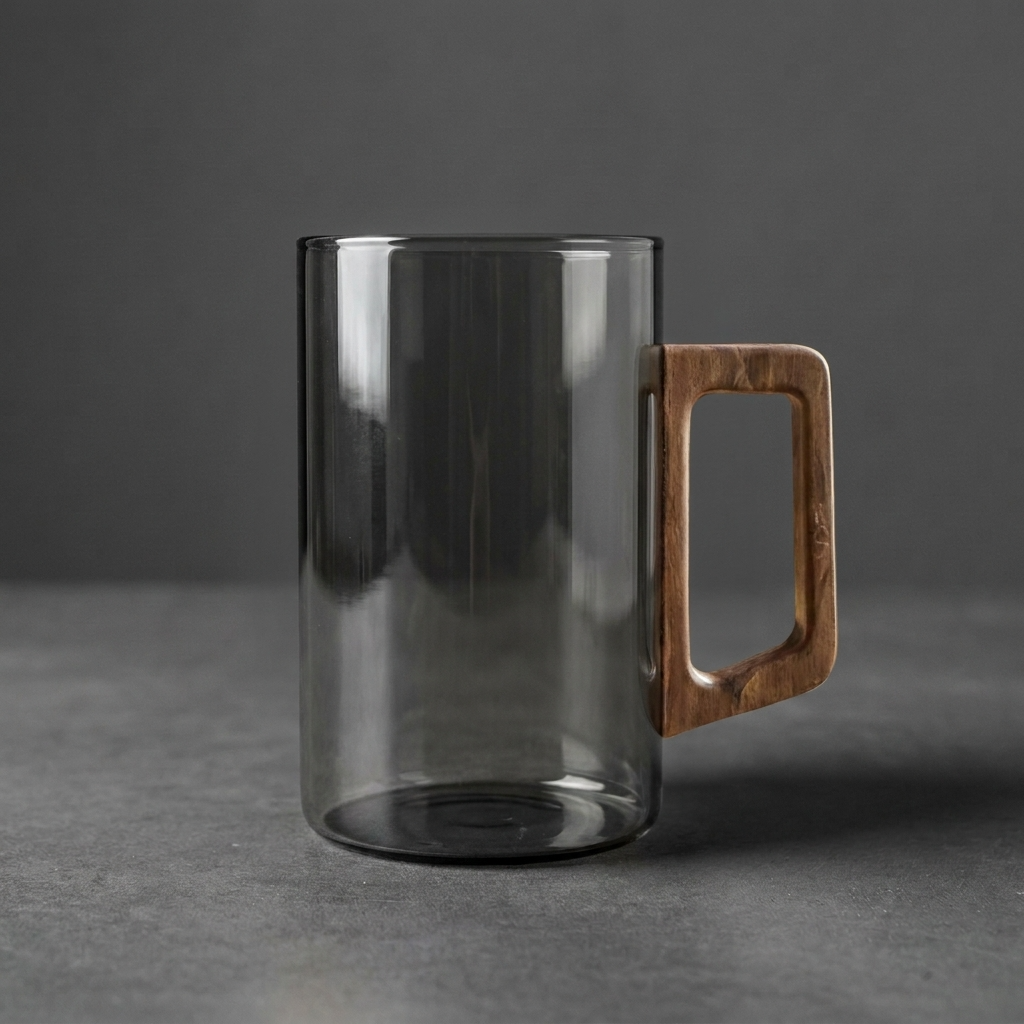 Smokey Gray Glass Coffee Cup With Wooden Handle