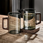 Smokey Gray Glass Coffee Cup With Wooden Handle