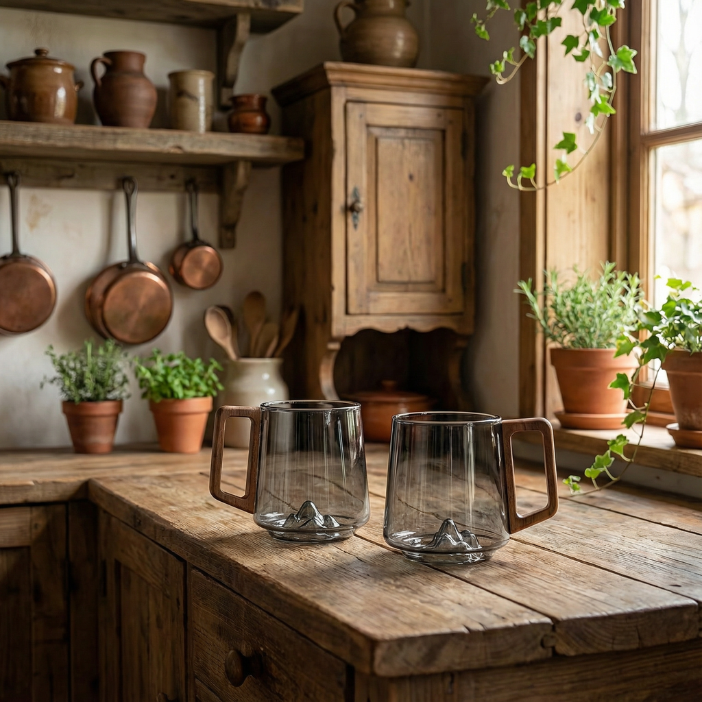 Smokey Gray Glass Slanted Coffee Cups With Wooden Handle