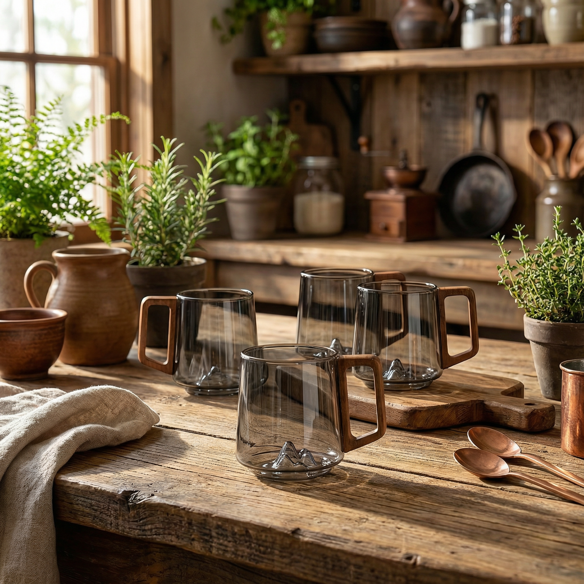 Smokey Gray Glass Slanted Coffee Cups With Wooden Handle