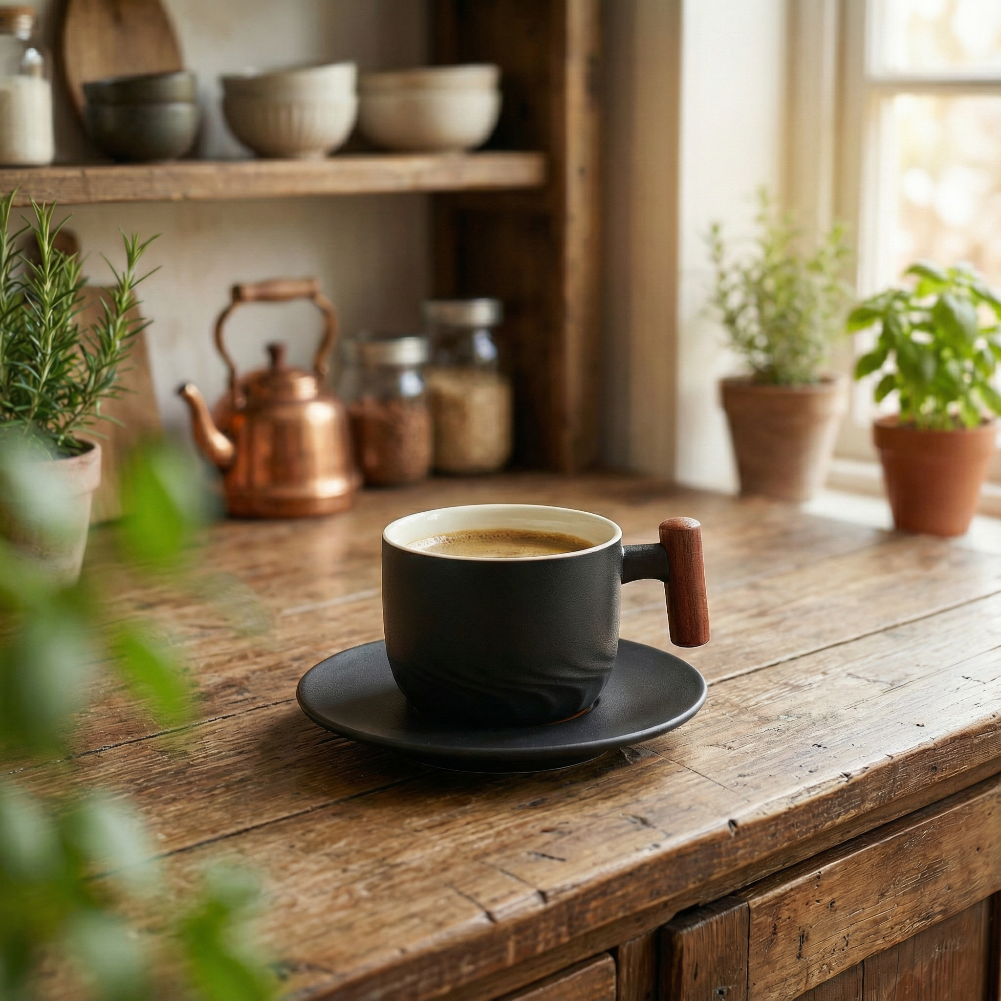 Vintage Coffee Cups With Wooden Handle