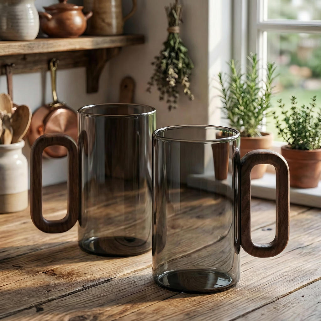 Smokey Gray Glass Slim Coffee Cups With Wooden Handle