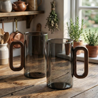 Smokey Gray Glass Slim Coffee Cups With Wooden Handle
