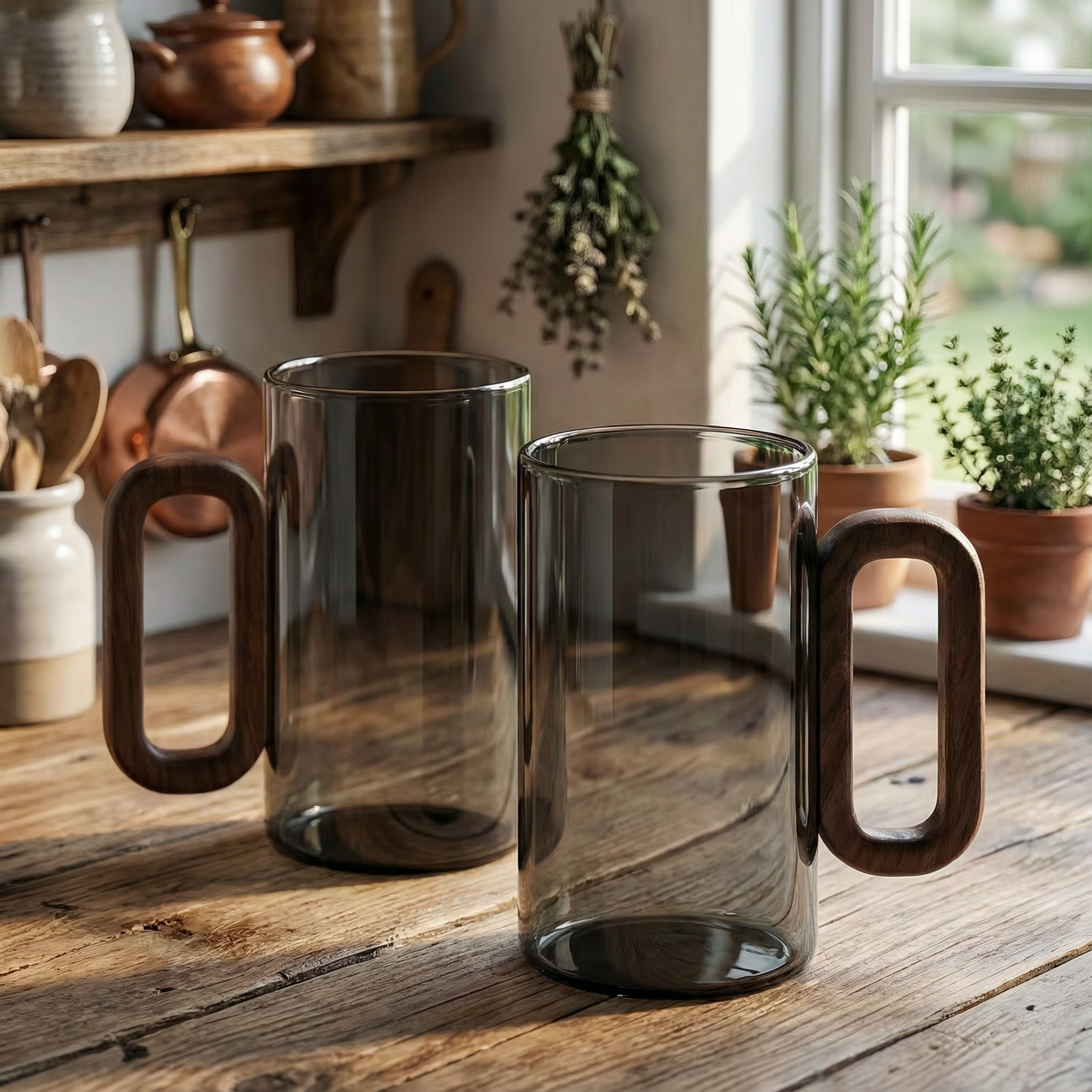 Smokey Gray Glass Slim Coffee Cups With Wooden Handle
