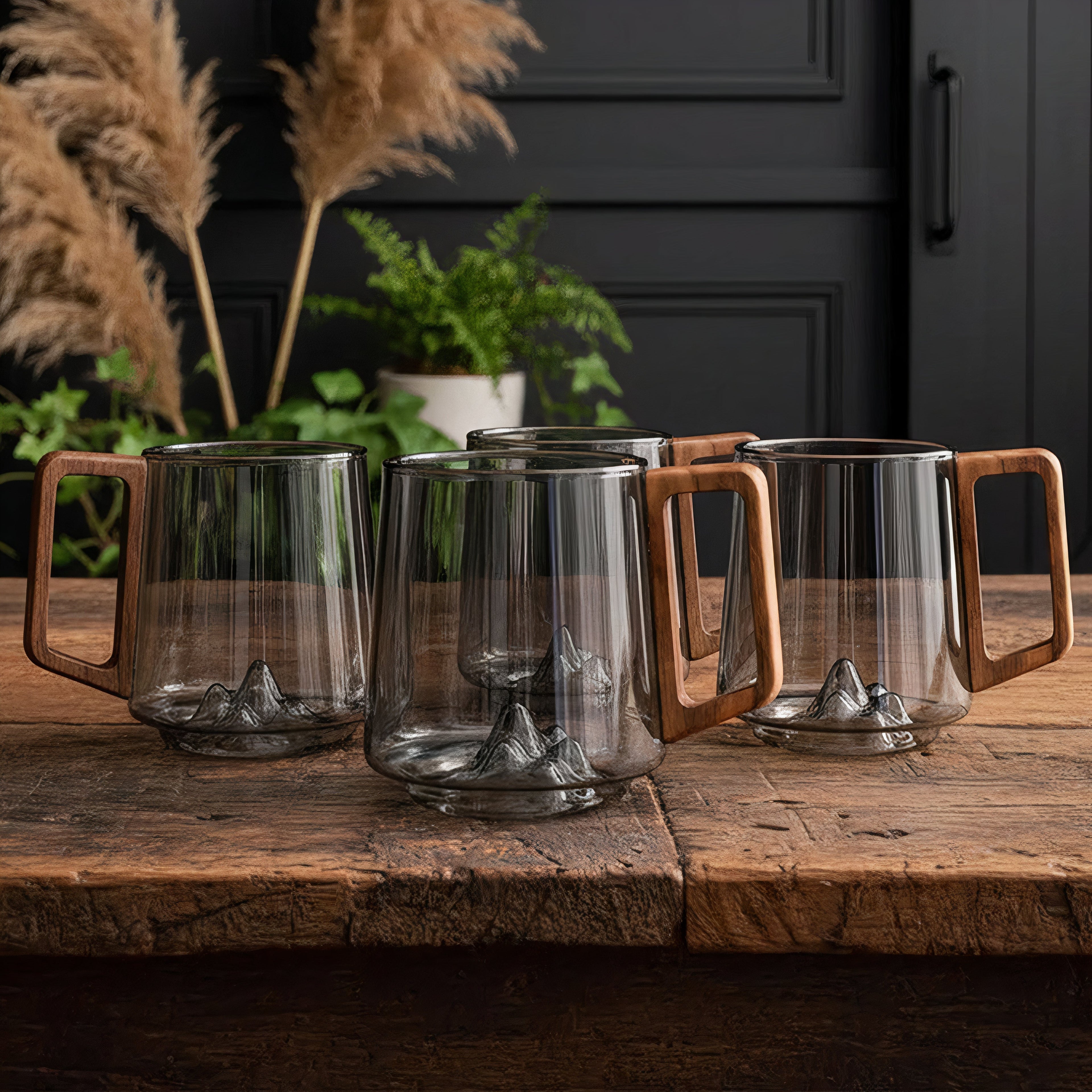 Set Of 4 - Smokey Gray Glass Slanted Coffee Cups With Wooden Handle